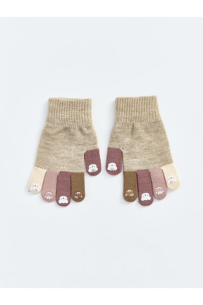LC Waikiki Özmarka New Season Beige Fingers Printed Baby Girl Knitwear Gloves