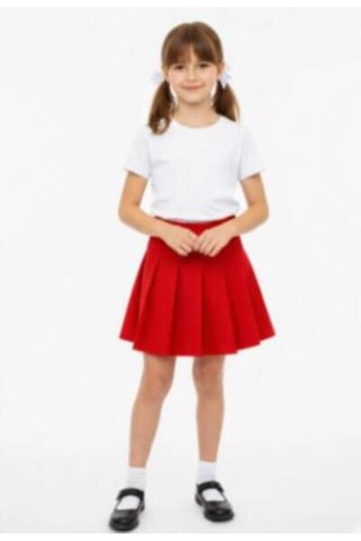 AYKİDSCLUP Fustă mini plisată roșie din material Dalgıç pentru fete - 456-
