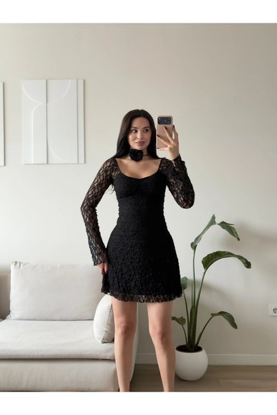 Zoom Butik Madonna Yaka Dantel Astarlı Elbise - SİYAH
