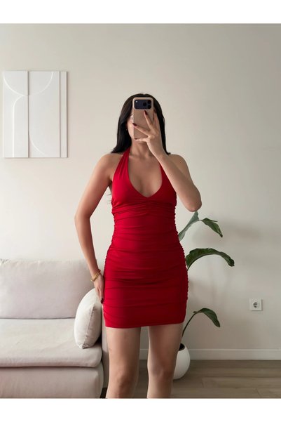 Zoom Butik Boyun Bağlamalı Büzgü Elbise - KIRMIZI
