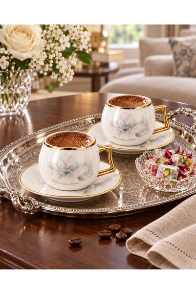 valkyrie Magnolia Serisi 12 Parça 6 Kişilik 100 ml Gold Çiçek Desenli Türk Kahvesi Fincan Takımı