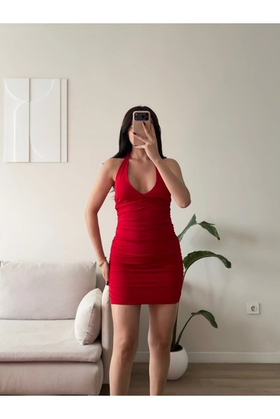 Zoom Butik Boyun Bağlamalı Büzgü Elbise - KIRMIZI