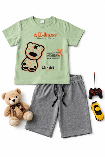 Hepsi Moda Teddy Bear Printed Boys' Shorts Set - 183 - Green & Gray