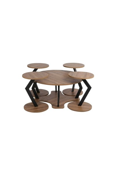 IN HOME STORE Round Coffee Table with Wood and Metal Serving Tables