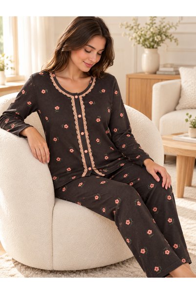 Lena Homewears Women's Brown Rose Patterned Waffle Long Sleeve Pajama Set