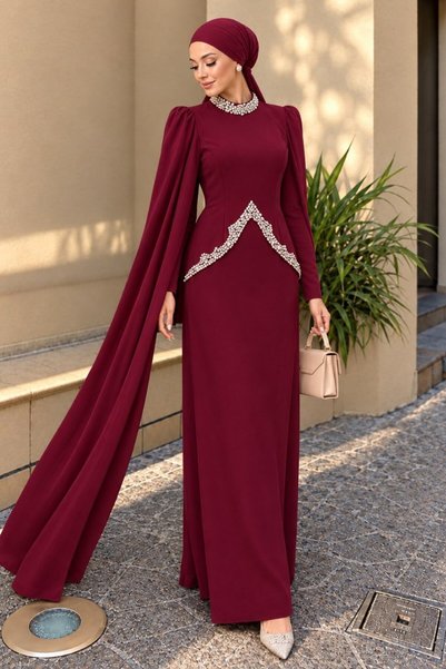 N.S NEVA STYLE Burgundy Hijab Evening Dress with Cape Detail 54341Br