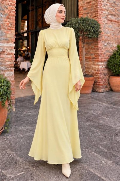 N.S NEVA STYLE Spanish Sleeve Yellow Hijab Satin Evening Dress 6258Sr
