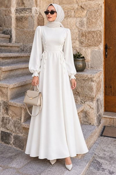 N.S NEVA STYLE Balloon Sleeve White Satin Hijab Evening Dress 61501B
