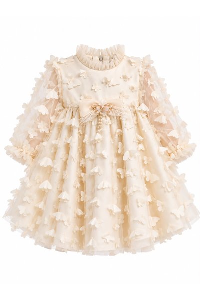 damasquino Baby Girl Cream 3D Flower Detailed Tulle Sleeves Bow Decorated Sty...