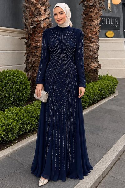 N.S NEVA STYLE Satin Navy Blue Stone Embroidered Hijab Evening Dress 56061L