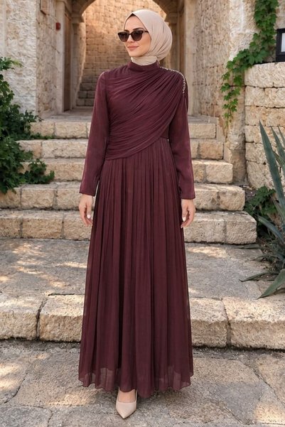 N.S NEVA STYLE Draped Brown Hijab Evening Dress with Stone Detail on the Shou...
