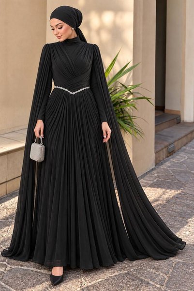 N.S NEVA STYLE Chain Detailed Draped Black Hijab Evening Dress 5717S