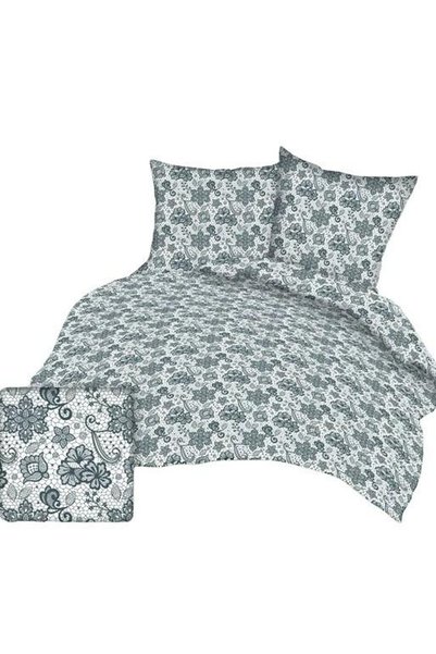 Karo Set lenjerie de pat Karo, 200x220cm, 100% bumbac, alb cu flori gri, 3 piese