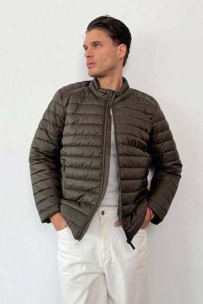 JB John Borners Men's Stand Collar Pocket Zipper Puffer Jacket Khaki - 27K 2310