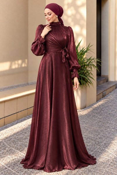 N.S NEVA STYLE Drapeli Tie Detail Brown Hijab Evening Dress 5668Kh