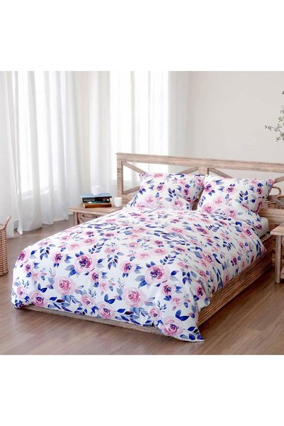 Karo Lenjerie de pat din bumbac 220x200 Mansion albastru marin flori roz tran...