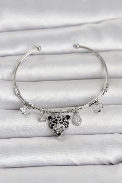 Angel Of Life Brass Silver Color Leopard Detailed Charm Women's Bracelet