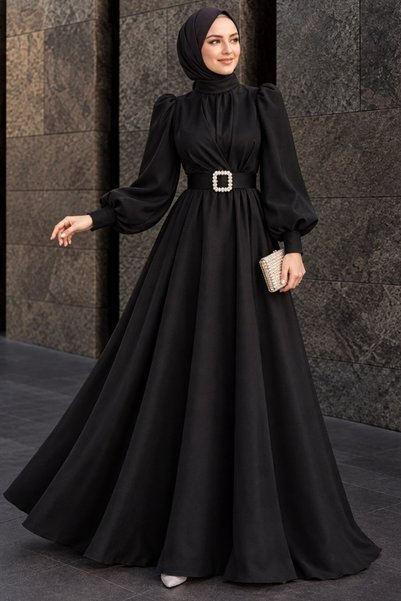 N.S NEVA STYLE Black Hijab Evening Dress with Buckle Belt 45295S