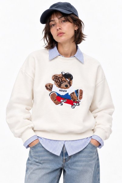 Hiccup Embroidered Round Neck Long Sleeve Sweatshirt
