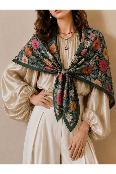 Hepsi Moda Vintage Flora Pattern Cotton Scarf - Emerald Green