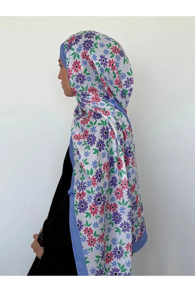 Hepsi Moda Daisy Pattern Soft Shawl - Blue & Ecru
