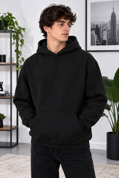 aseltrend Erkek Düz Sade Kapüşonlu Sweatshirt - Kanguru Cepli Oversize Pamukl...