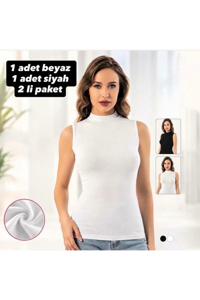 Kadın 2'li Paket Balıkçı Yaka Kolsuz Pamuklu Likralı Body Seti Siyah Beyaz Esnek Rahat Çıtçıtlı Badi Şık Düz Basic
