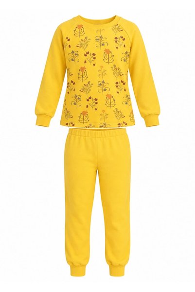 Ozmoz By Mukadder Özden Organik Çiçek Baskılı Sarı Kışlık Kız Çocuk Pijama Takım