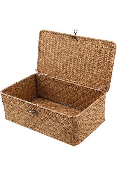 Noonedibs Coș de depozitare din ratan împletit, cutie de depozitare cu capac,...