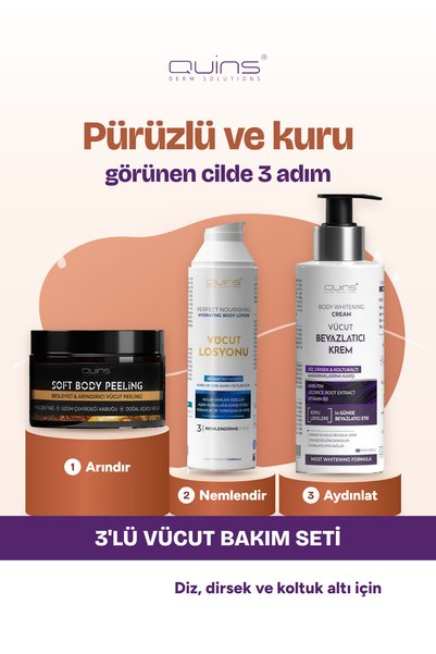 Quins Derm Solutions 3'lü Vücut Bakım Seti - Üzüm Çekirdekli Peeling, Nemlend...