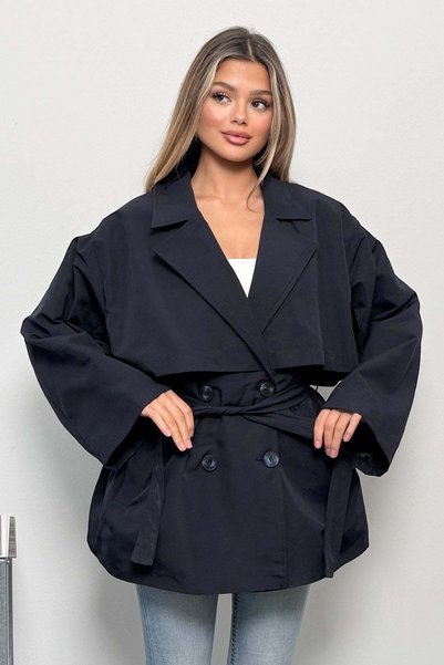JEE LEE Women's Double-Breasted Collar Belted Trench Coat Navy Blue - 7586