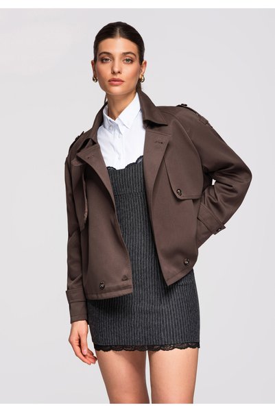 OMBRE Damen Kurze Jacke, Boxy Fit, Doppelreihig, Stehkragen, Kaffeebraun OW-J...