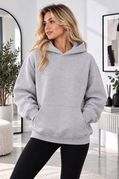 aseltrend Kadın Düz Sade Kapüşonlu Sweatshirt - Kanguru Cepli Oversize Pamukl...