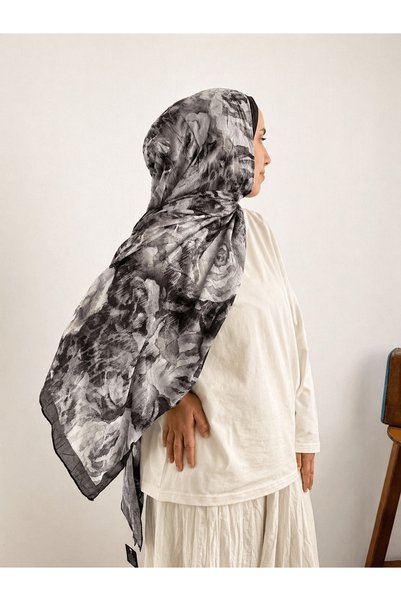 Hepsi Moda Rose Pattern Kraş Shawl - Black & Gray