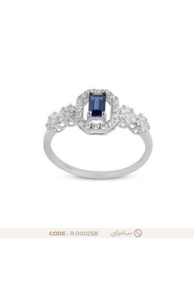 silveraty خاتم فضة عيار 925 بفص زركون أزرق مستطيل وهالة زركون لامعة