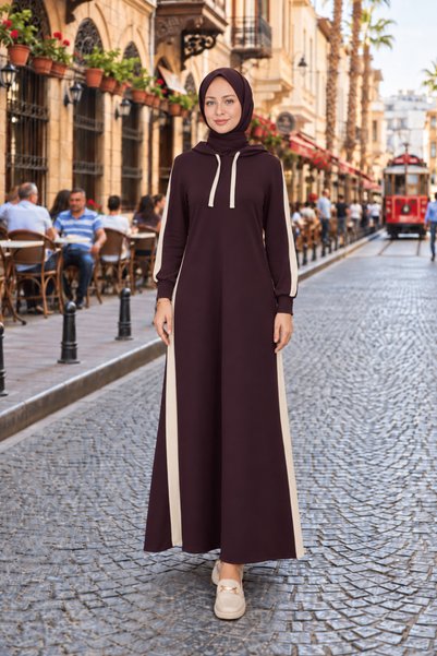 Hülya Keser Çizgi Detay Kapüşonlu Elbise - Mürdüm
