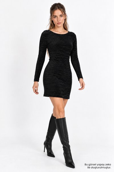 Exquise Crew Neck Glitter Detailed Mini Dress with Drawstring Detail