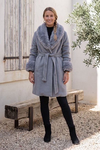 Chiccy Italian Gray Jacket Collar Long Sleeve Snap Fastener Detachable Fur Co...