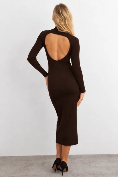 Cool & Sexy Women's Brown Backless High-Neck Midi Dress Ey3012