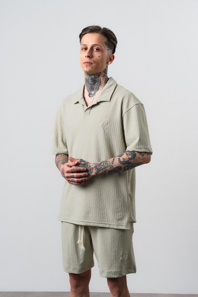 Respire Compleu Bărbați Tricou Polo și Pantaloni Scurți Set Texturat Dungi Ve...