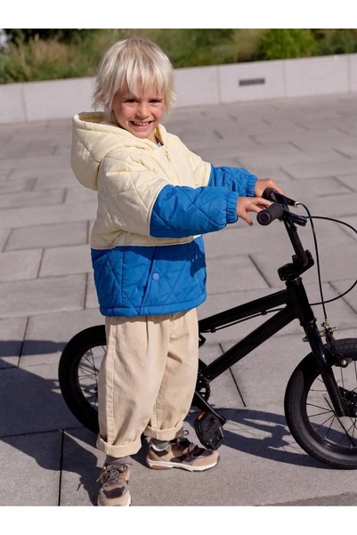 Motebarn Wear Boy's Cream Blue Color Block Hooded Quilted Coat