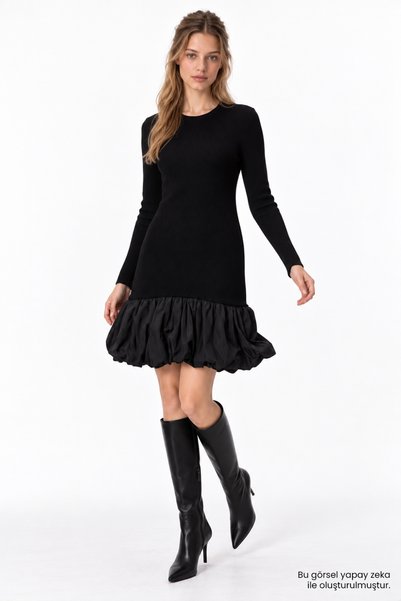 Exquise Crew Neck Balloon Skirt Mini Dress