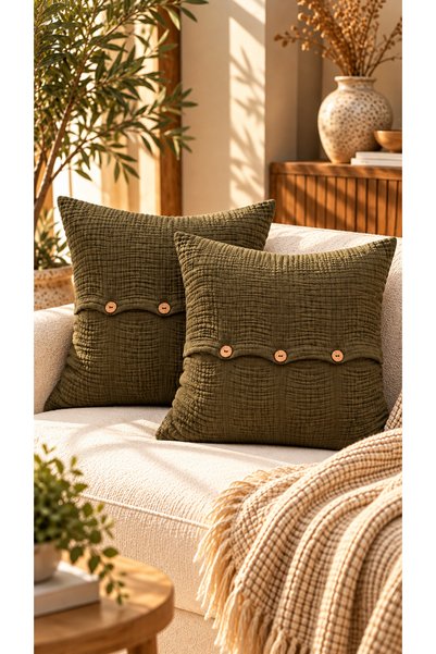 MYLASA HOME 4 Layer Muslin Buttoned Decorative 2-Piece Throw Pillow Cover Set...