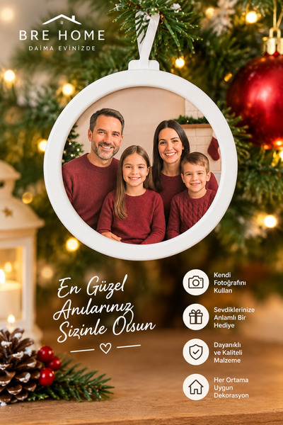 BRE HOME Kişiye Özel Fotoğraf Çerçeveli Yılbaşı Ağacı Süsü 9 cm Yuvarlak Beya...