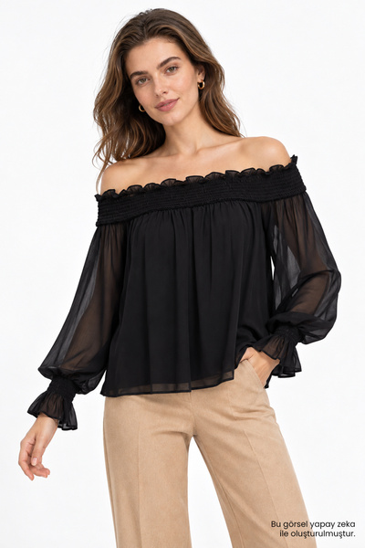 Exquise Madonna Collar Ruffle Detailed Chiffon Blouse