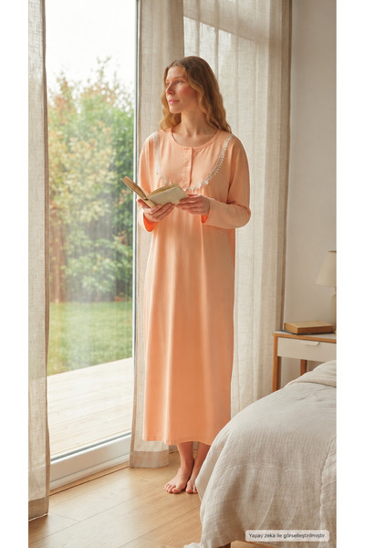 Generic Brand Women's 100% Cotton Lace Detailed Buttoned Long Sleeve Nightgown