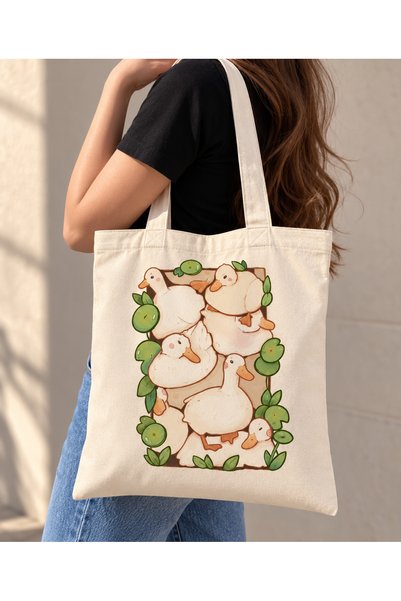TEKSIVA Sevimli Ördek Desenli Ekru Bez Çanta 40x35 Cm Kanvas Tote Bag Günlük ...