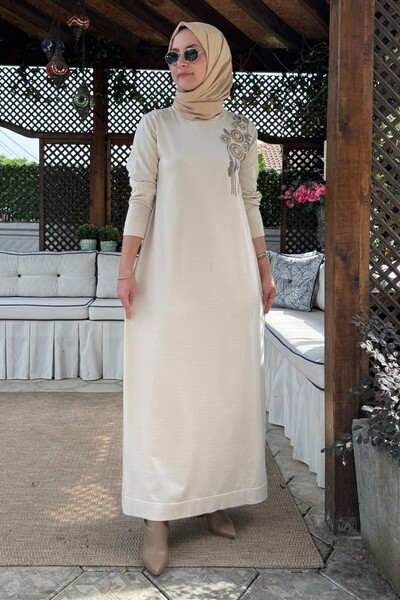 Rabia Şamlı Melodi Boncuk İşlemeli Triko Elbise Taş