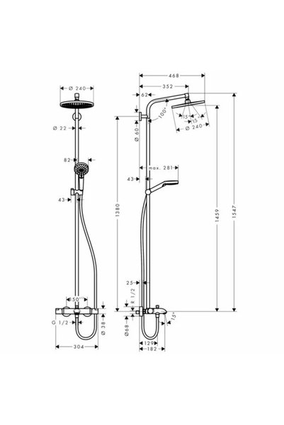 Vivis SISTEM DE DUȘ TERMOSTATIC CROMETTA S 240, 1 JET, CU CIORNEA DE CADĂ, CROM
