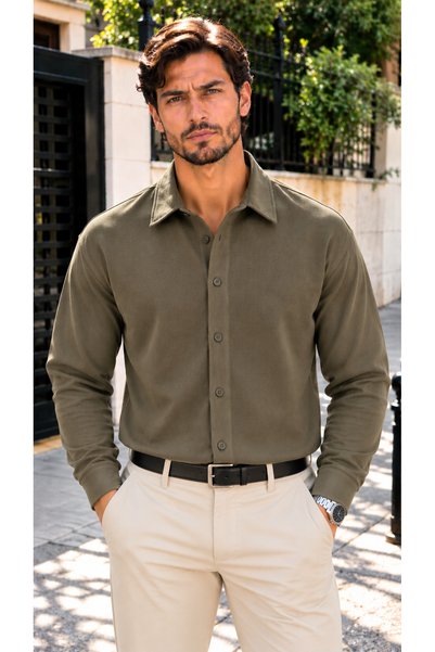 EMPEROR APPAREL Erkek Süet Gömlek %100 Pamuk - Haki
